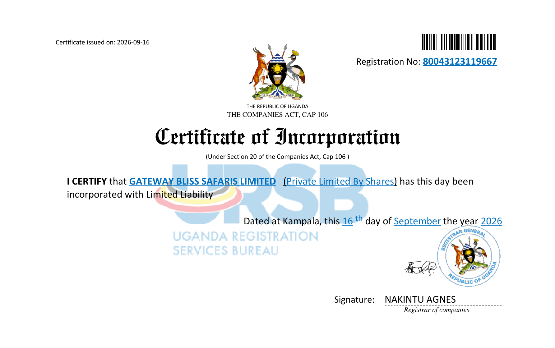 Certificate of Incorporation for Gateway Bliss Safaris Limited, issued by the Uganda Registration Services Bureau
